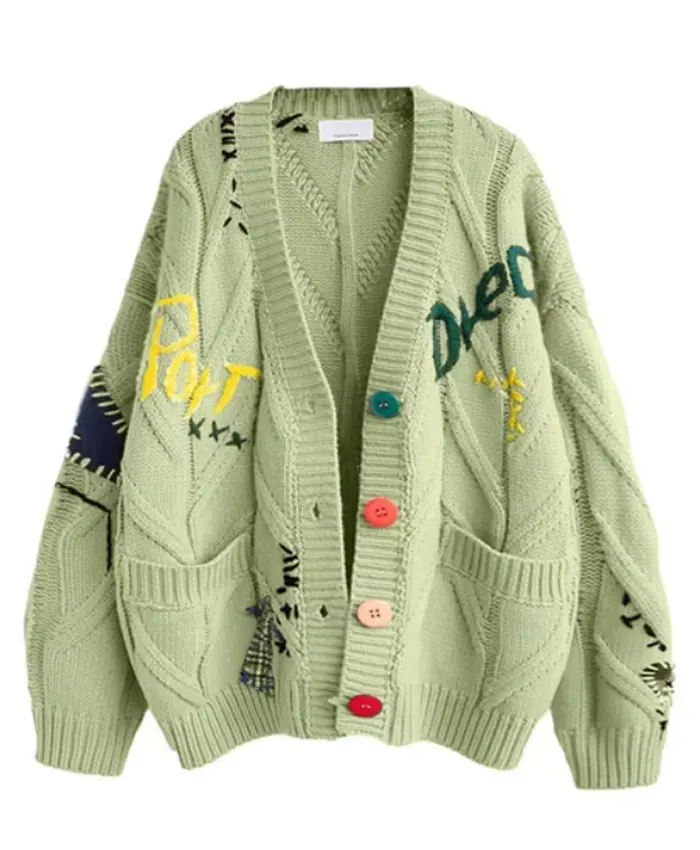 Chouyatou Cable Knit Embroidery Green Cardigan