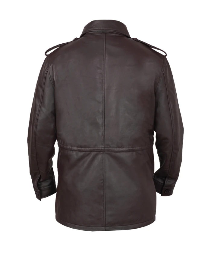 M65 Field leather jacket with a stand-up collar and button closure