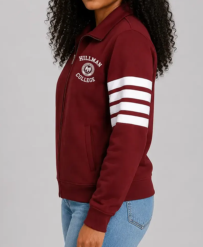 Deborah Wayne TV Series A Different World 2026 Maleah Joi Moon Maroon Hillman College Zip Up Jacket Side