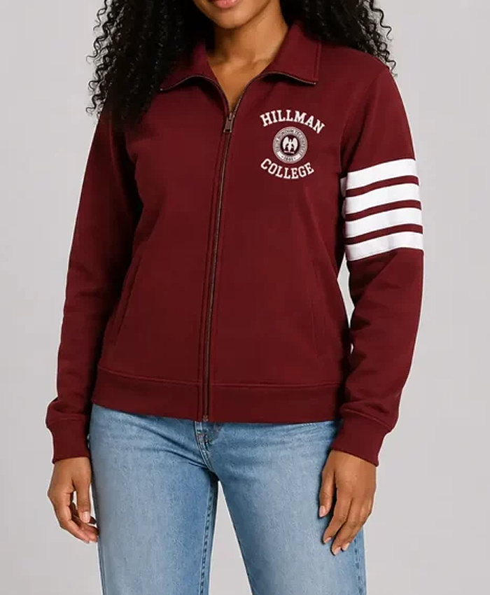 Deborah Wayne TV Series A Different World 2026 Maleah Joi Moon Maroon Hillman College Zip Up Jacket