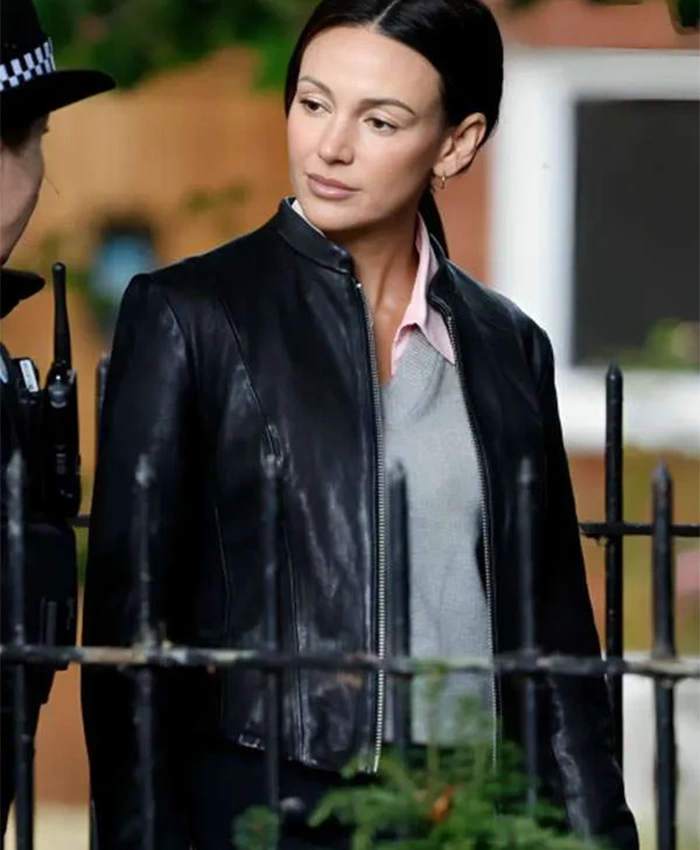 Di Emma Crane TV Series The Blame 2026 Michelle Keegan Black Leather Zip Up Jacket Front