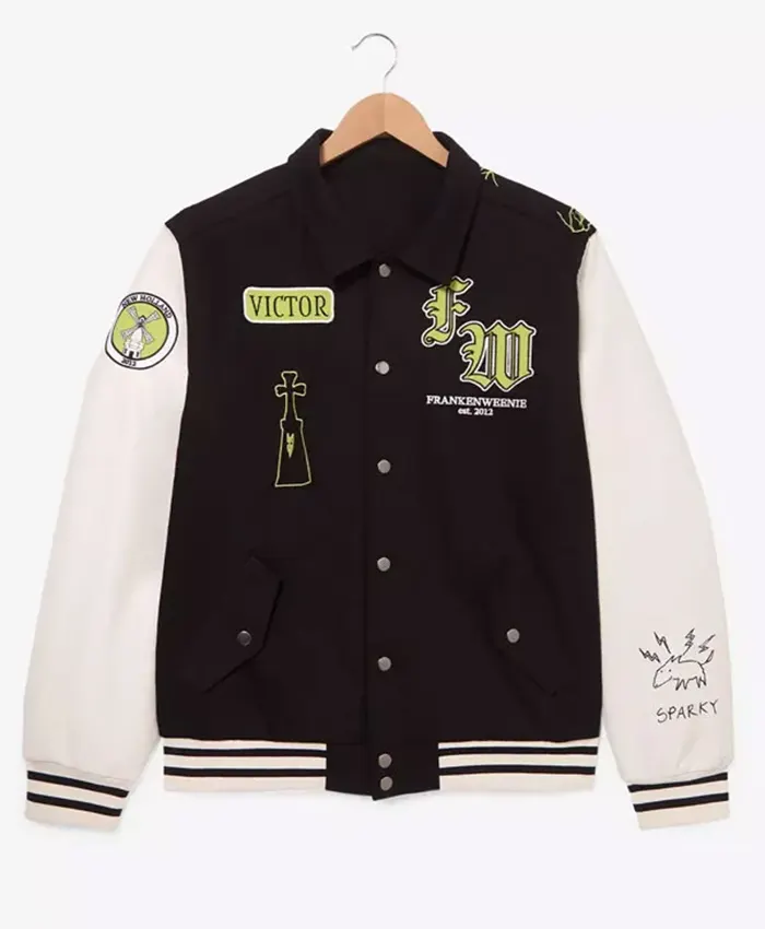Disney Horror Movie Frankenweenie Sparky Glow in the Dark Black Varsity Jacket