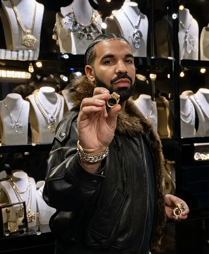 Drake FOMO 2026 Show Off Jewellry Room Brown Shearling Leather Jacket Front