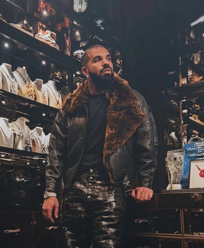 Drake Show Off Jewellry Room Shearling Leather Jacket