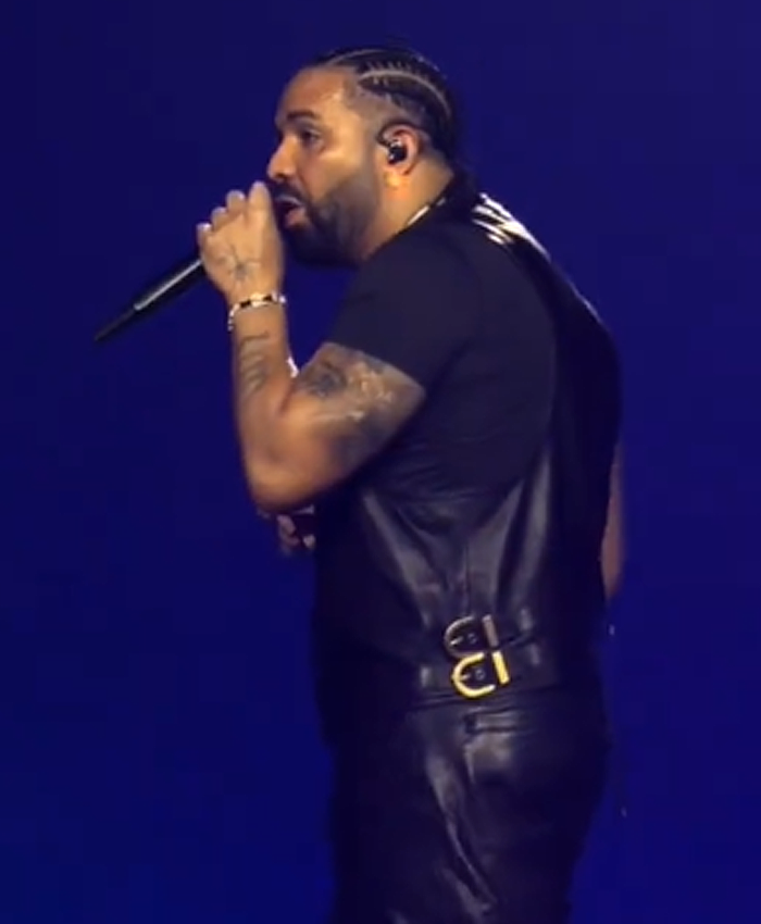 Drake Surprise Appearance at Karol G Tropitour Concert 2026 Black Leather Vest