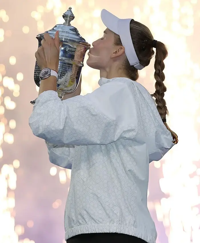 Elena Rybakina US Open 2026 White Geometric Print White Track Jacket Side View