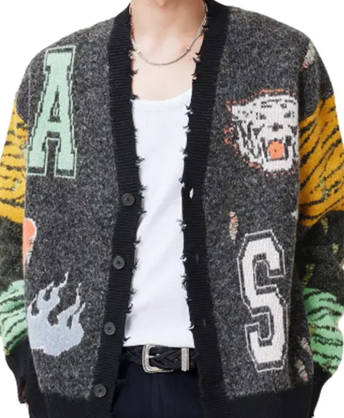 Eliot Crace TV Series Marble Hall Murders 2026 Jamie Blackley Grey Printed Cardigan