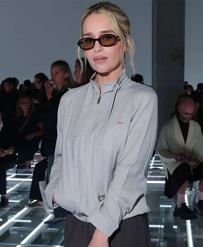 Emilia Clarke Prada Spring Show Milan Fashion Week 2027 Grey Cotton Jacket Front