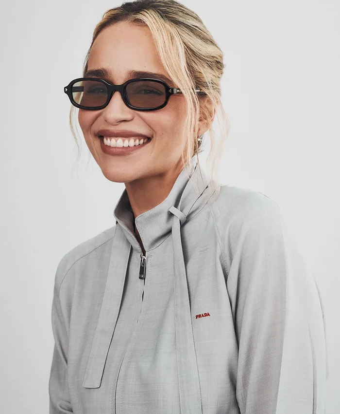 Emilia Clarke Prada Spring Show Milan Fashion Week 2027 Grey Cotton Jacket