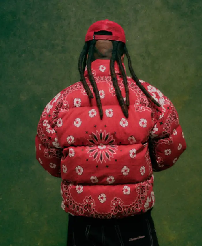 Get the P3ezy Denim Tears Unveils FW26 Collection Red Puffer Jacket Back View