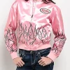 Get the Von Dutch Pink Satin Full Zip Up Bomber Jacket For Women