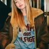 Gigi Hadid Tommy Hilfiger Shearling Brown Leather Aviator Jacket