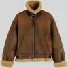 Gigi Hadid Tommy Hilfiger Shearling Brown Leather Aviator Jacket Front View