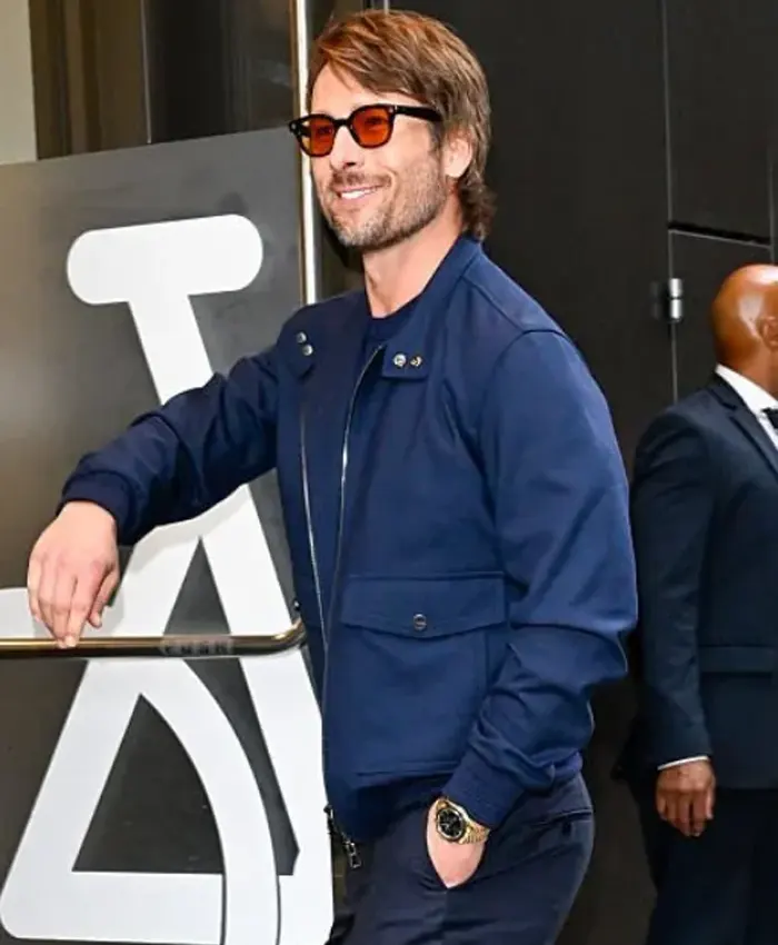 Glen Powell New York City 2026 Navy Blue Bomber Jacket On Sale
