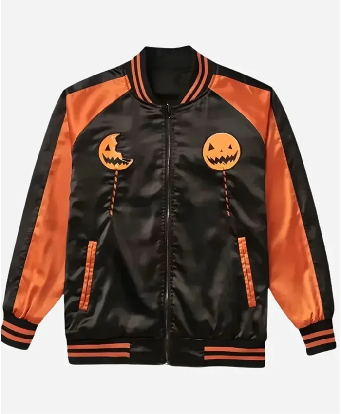 Halloween x Sam Pumpkin Trick ‘r Treat Black and Orange Satin Varsity Jacket