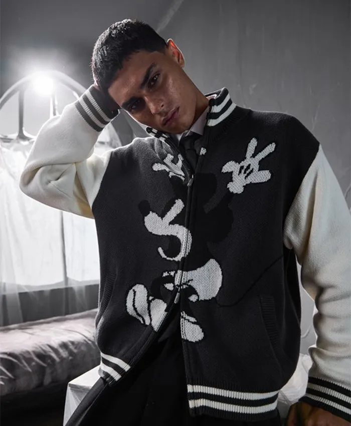 Halloween x The Haunted House x Mickey Mouse Knitted Black and White Varsity Jacket