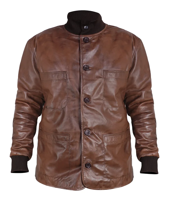 Harry Da Souza TV Series Mobland Tom Hardy Brown Leather Jacket Front