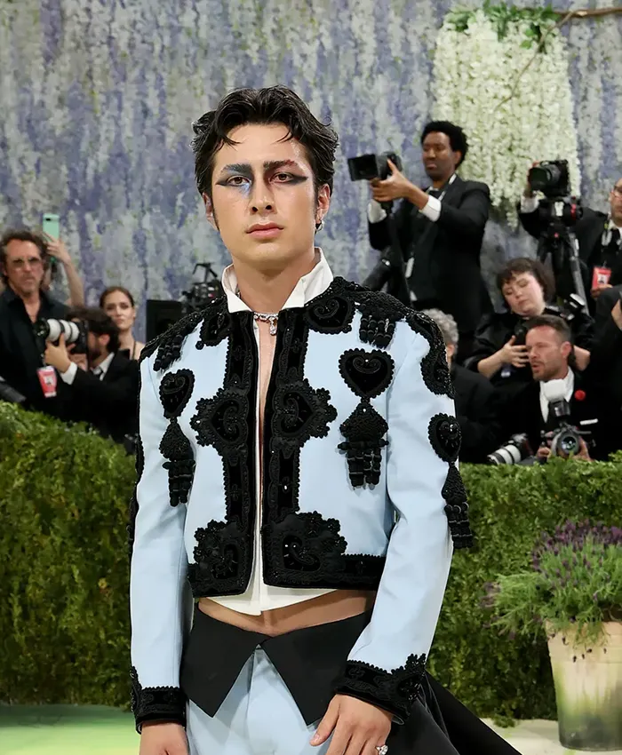 Hudson Williams Met Gala 2026 Blue and Black Embroidered Cropped Bolero Jacket