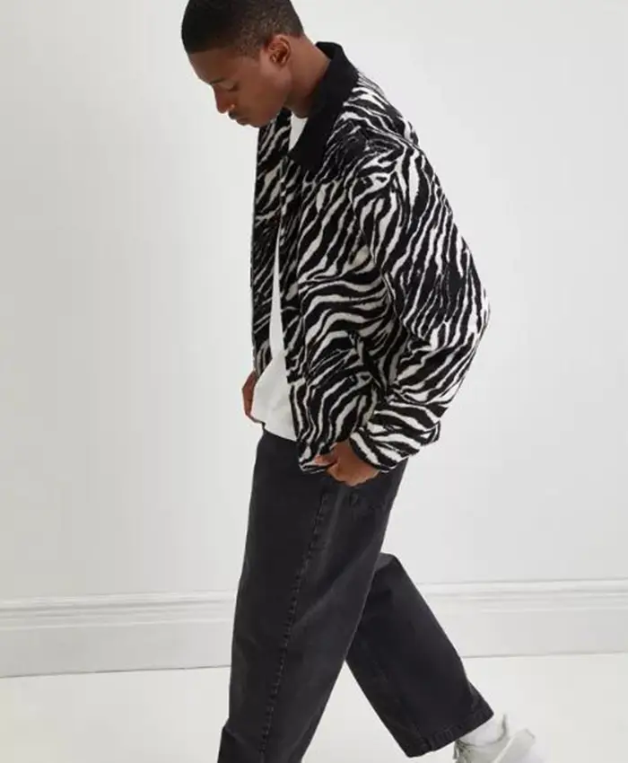 Isaac McAdoo TV Series Ted Lasso S04 Kola Bokinni Black & White Zebra Print Zip-Up Jacket Side View