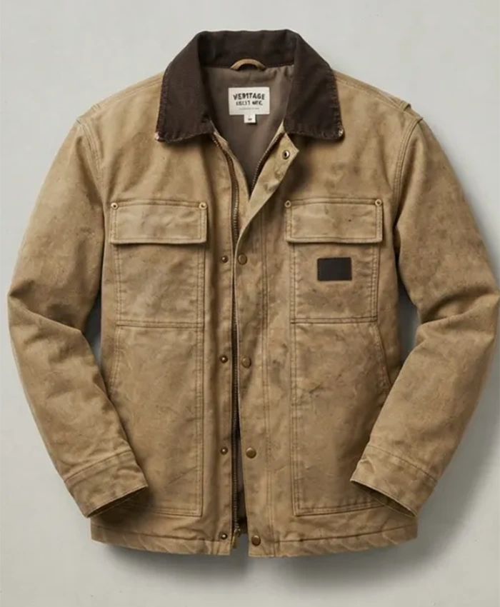 James Belmont Movie Heart of the Beast 2026 Brad Pitt Corduroy Collar Beige Jacket Front Side