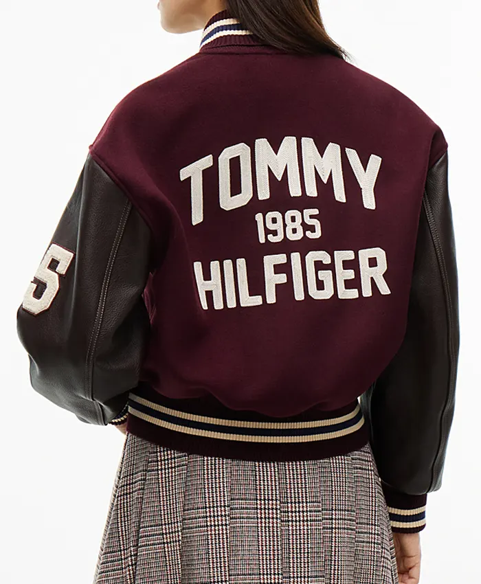 Jisoo Tommy Hilfiger Manteco Wool Blend Leather Sleeves Letterman Varsity Jacket Back