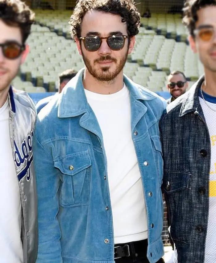 Jonas Brothers x Kevin Jonas Dodger Stadium 2026 Blue Suede Jacket Front View