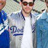 Jonas Brothers x Nick Jonas LA Dodgers Silver Satin Bomber Jacket Front View