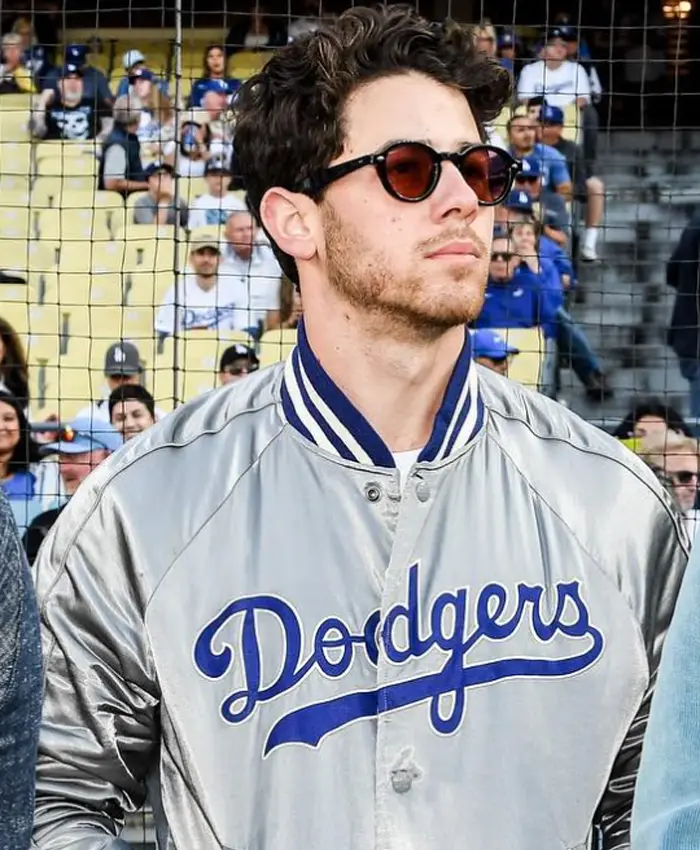 Jonas Brothers x Nick Jonas LA Dodgers Silver Satin Bomber Jacket On Sale