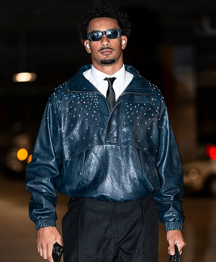 Jordan Love Quarterback Tunnel Walk Arrival 2026 Blue Leather Jacket