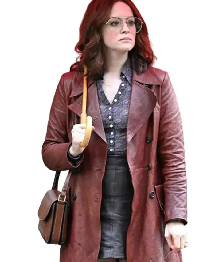 Joyce Hopkirk Movie Ink 2026 Claire Foy Brown Leather Trench Coat Front View