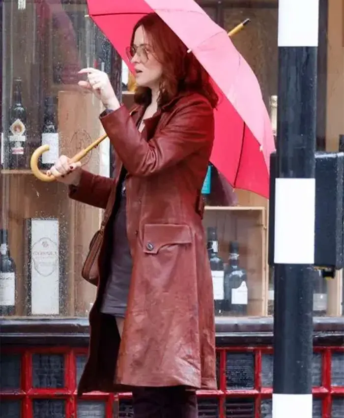 Joyce Hopkirk Movie Ink 2026 Claire Foy Brown Leather Trench Coat