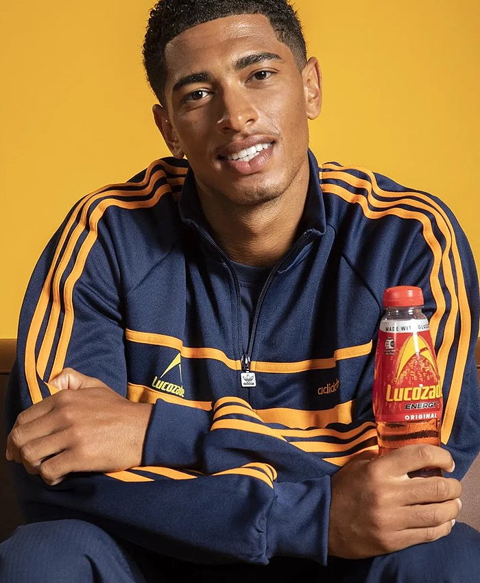 Jude Bellingham Lucozade Campaign Photoshoot 2026 Navy Blue with Yellow Stripes Adidas Jacket For Sale