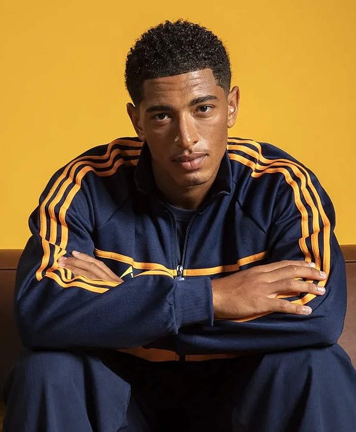 Jude Bellingham Lucozade Campaign Photoshoot 2026 Navy Blue with Yellow Stripes Adidas Jacket