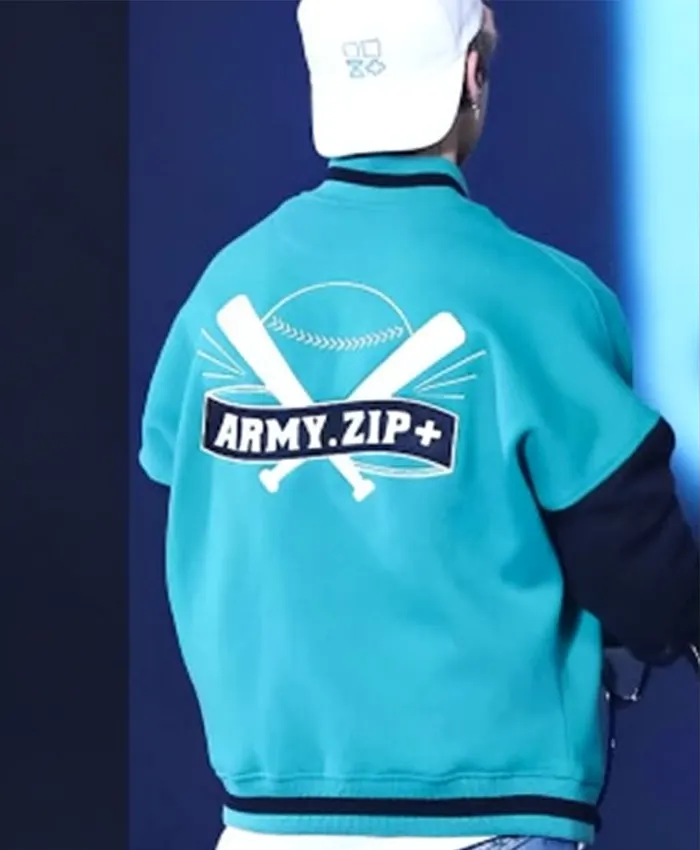K-pop BTS Jungkook Army Zip Baseball Jumper Blue and Black Bomber Jacket Back View
