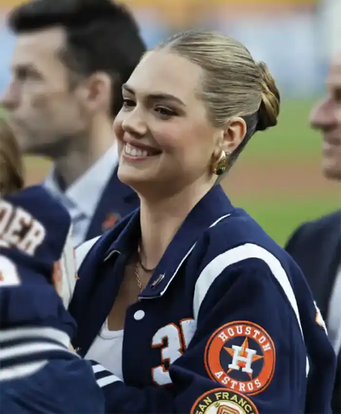 Kate Upton MLB Detroit Tigers Navy Blue & White Bomber Jacket Side