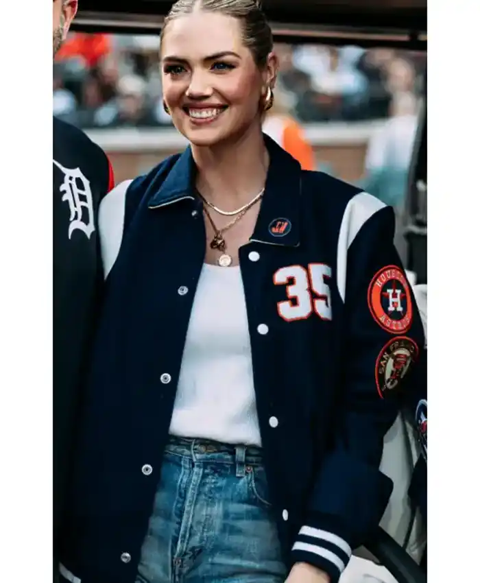 Kate Upton MLB Detroit Tigers Navy Blue & White Bomber Jacket