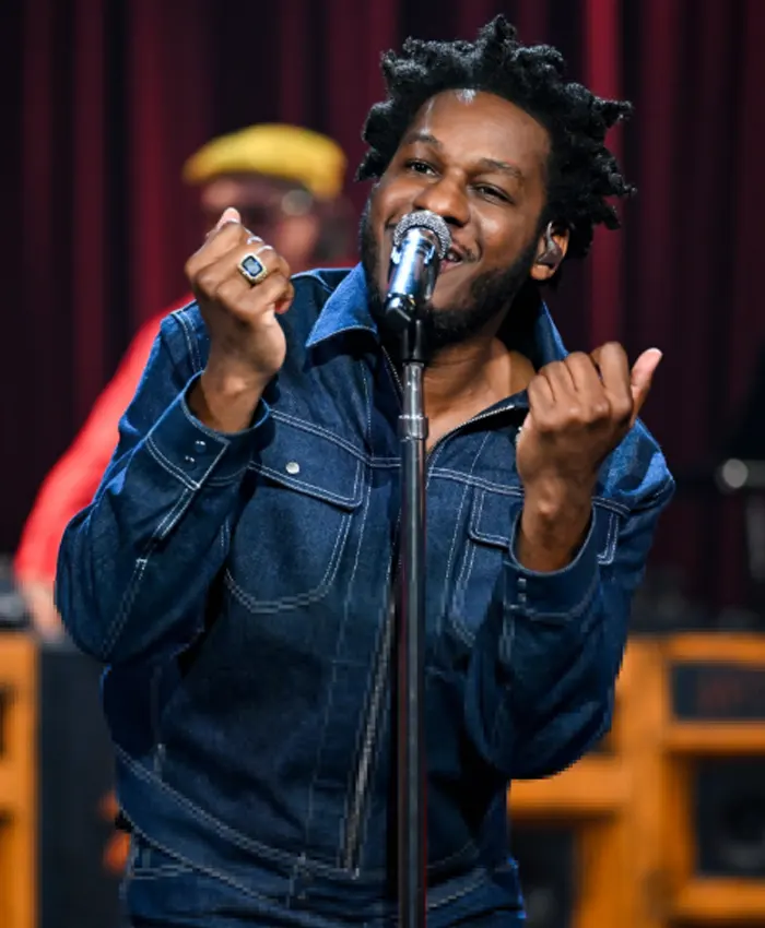 Leon Bridges The Tonight Show Starring Jimmy Fallon 2026 Blue Denim Trucker Jacket Front