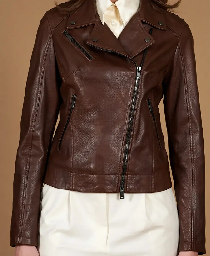 Lesley Manville TV Series Marble Hall Murders 2026 Susan Ryeland Brown Leather Jacket Front