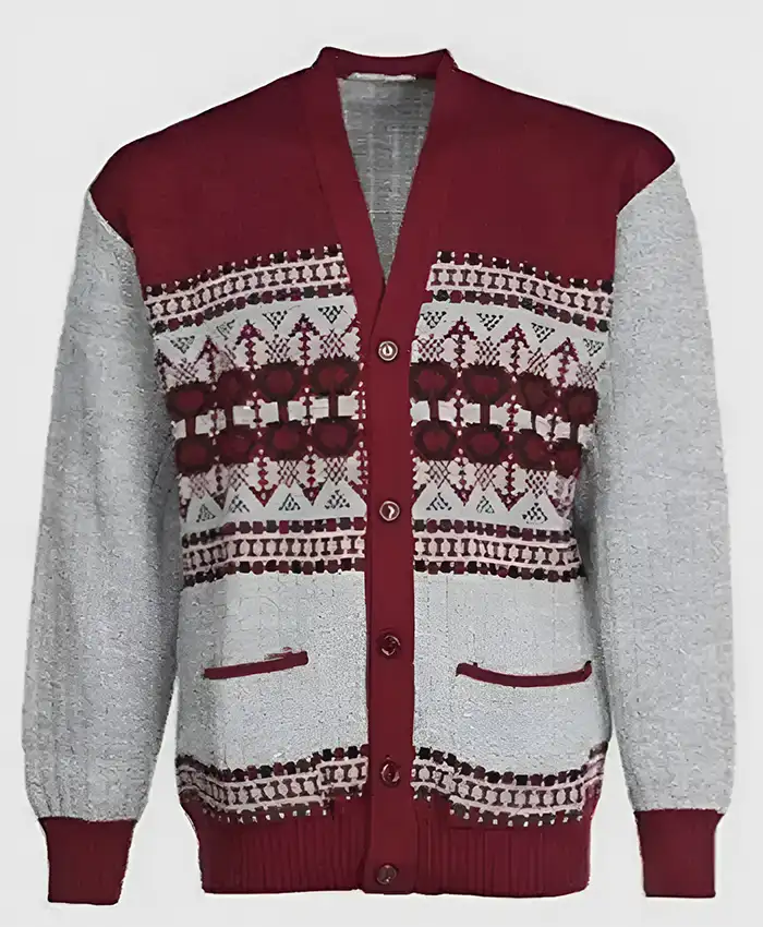 Men's Bellissimo V Neck Button-up Aztec Print Knitted Cardigan Sweater Red