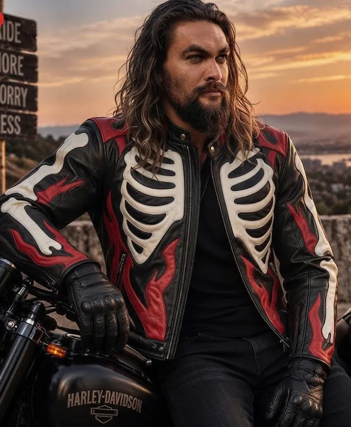 Men's Halloween Skeleton Skull & Flames Gothic Leather Biker Jacket Front