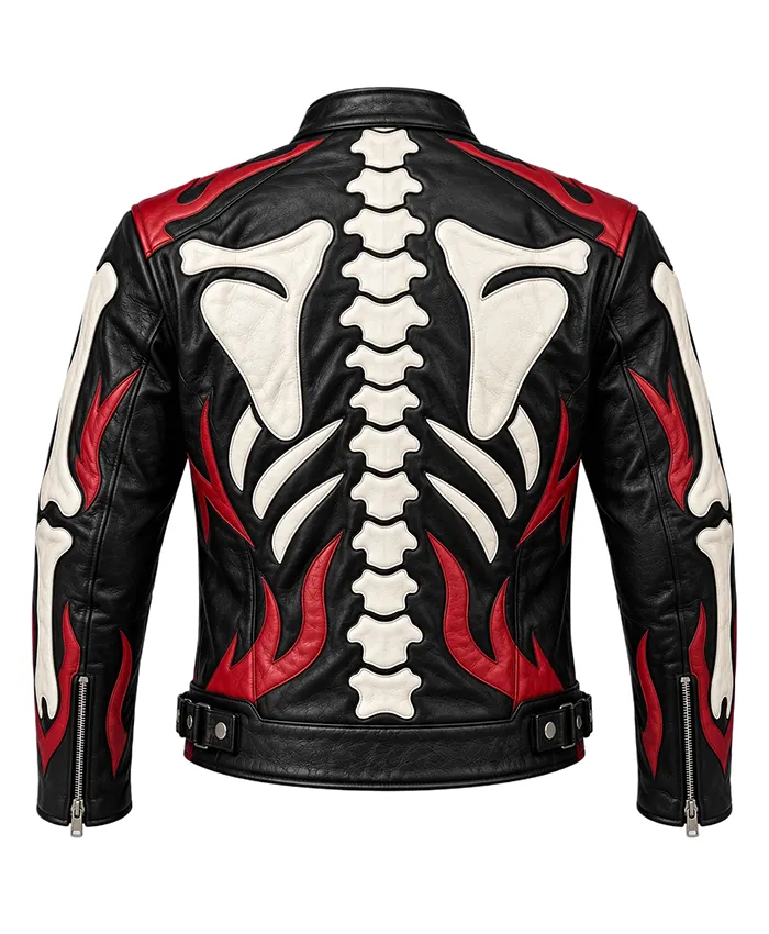 Men's Halloween Skeleton Skull & Flames Gothic Leather Biker Jacket