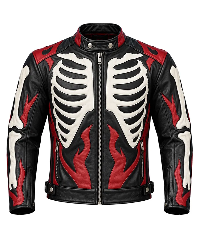 Men's Skeleton Skull & Flames Leather Biker Jacket