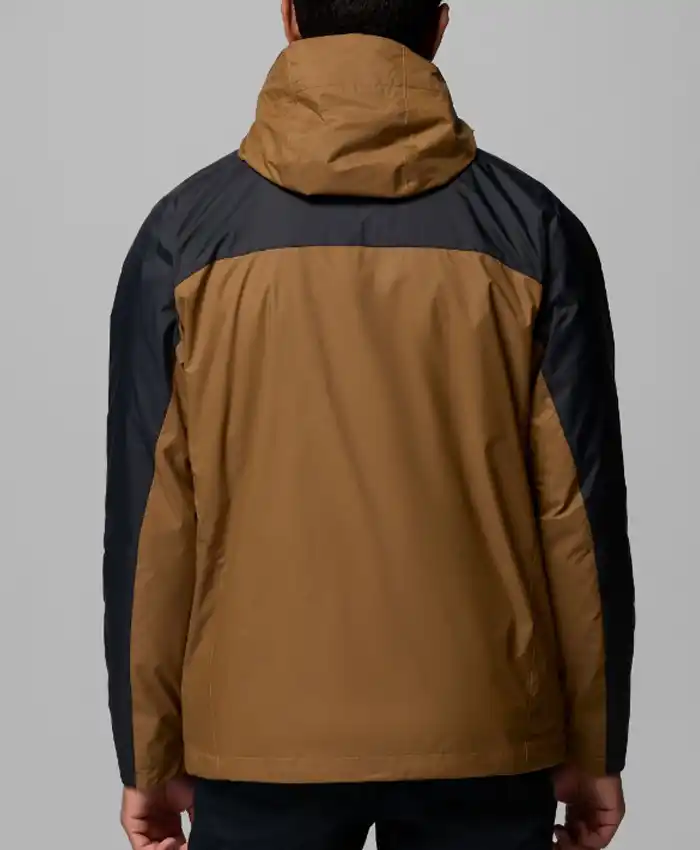 Men's Watertight Interchange Brown and Black Columbia Colorblocked Waterproof Jacket Back View