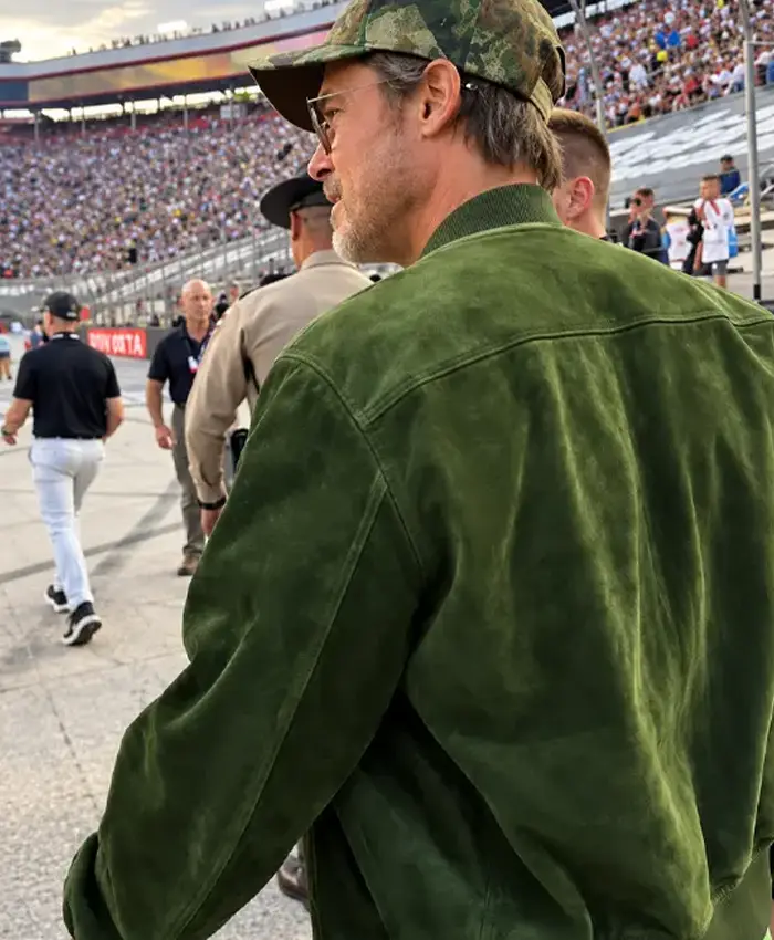 NASCAR Cup Series 2026 Brad Pitt Green Suede Bomber Jacket Back View