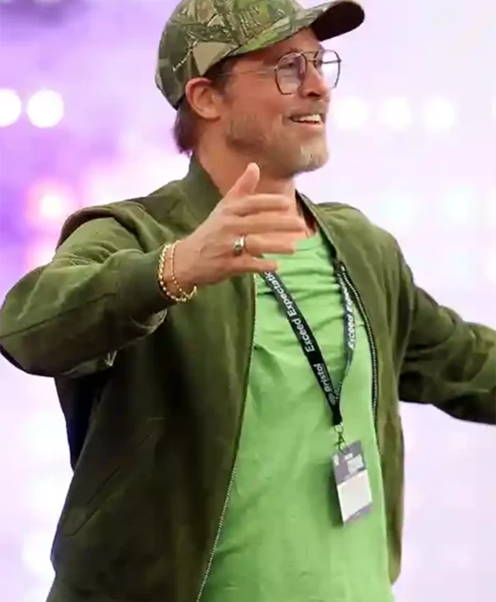 NASCAR Cup Series 2026 Brad Pitt Green Suede Bomber Jacket Front