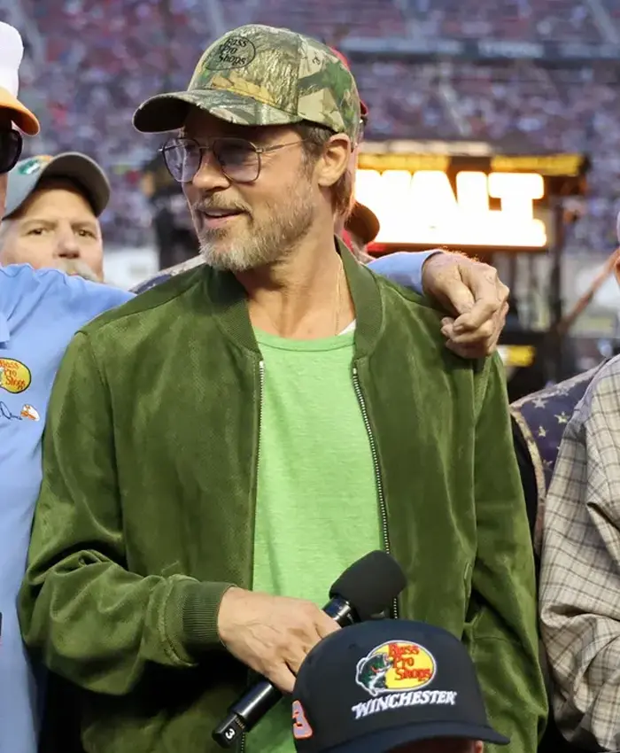 NASCAR Cup Series 2026 Brad Pitt Green Suede Bomber Jacket