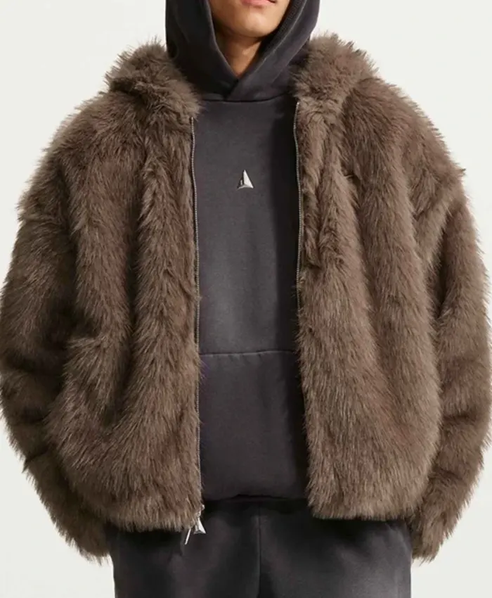 NBA Superstar Ja Morant Nike Brown Fur Hooded Jacket Front