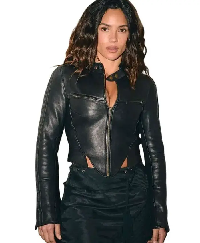NBC Studios New York City Adria Arjona Black Leather Jacket Front View