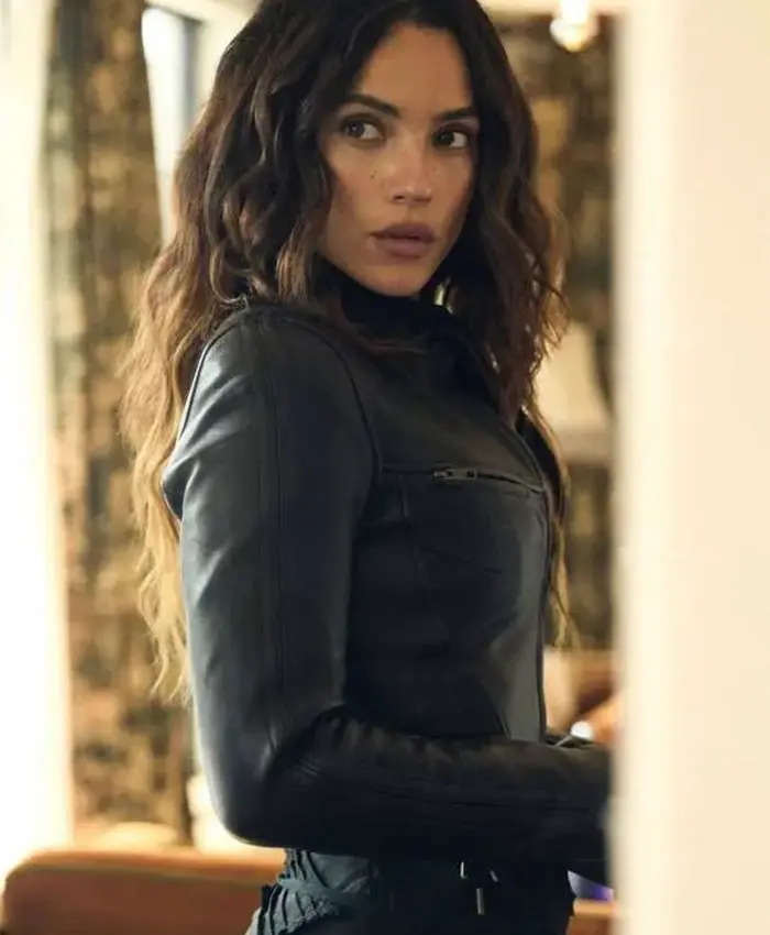 NBC Studios New York City Adria Arjona Black Leather Jacket On Sale