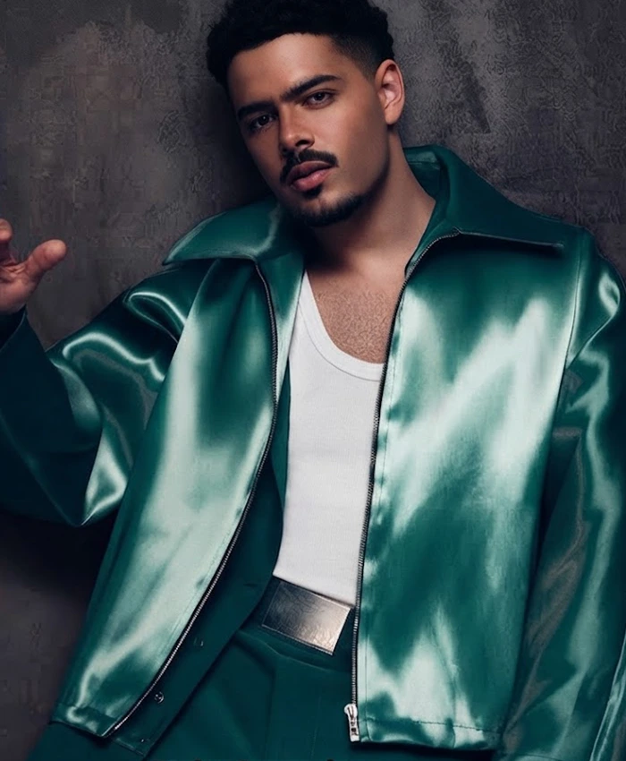 NFL Rio Halftime Show 2026 Pedro Sampaio Metallic Green Leather Jacket Front